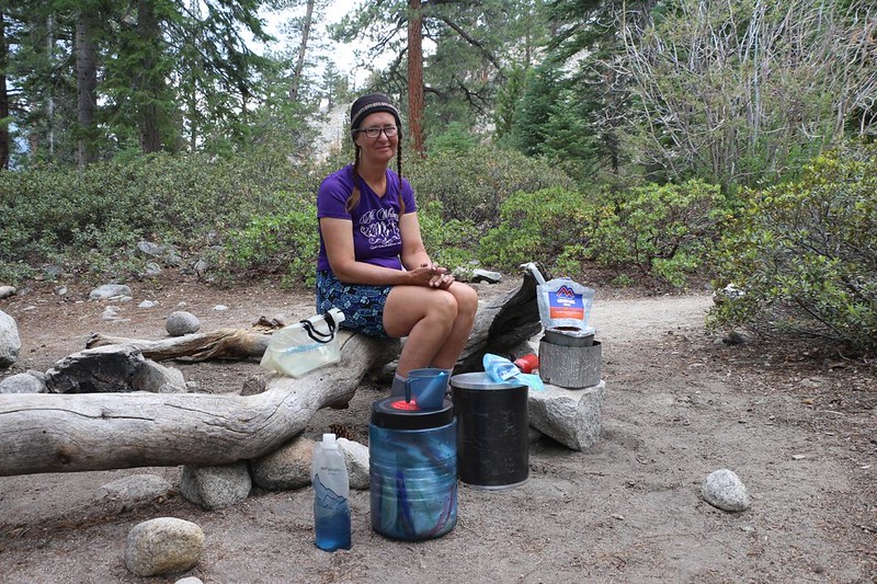 Vicki in our campsite cooking dinner, along the John Muir Trail near Piute Creek - we released the trout this time