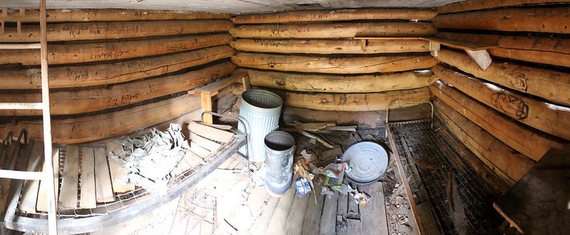 Stitched panorama shot of the interior of the John Muir Trail Cabin - it would be an OK emergency shelter, I suppose