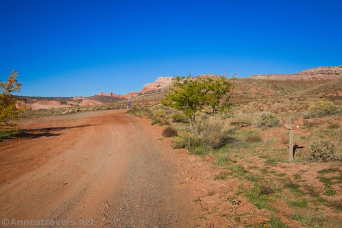 The beginning of the Kokopelli Trail - the sign is to the right.  Near Dewey Bridge and east of Moab, Utah