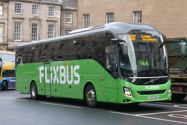 McGill's Bus Service of Greenock Volvo B11R Volvo 9700 SJ22HBA 0613, new in August 2022, in Flixbus livery, operating Flixbus service 010 to London at Elder Street prior to entering Edinburgh Bus Station on 1 November 2022.