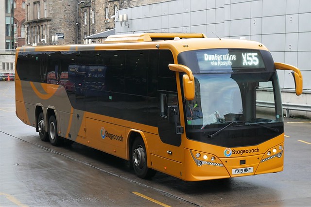 Stagecoach East Scotland Volvo B8RLET Plaxton Panther LE YX19MMF 54521 operating service X55 to Dunfermline departing Edinburgh Bus Station on 1 November 2022.