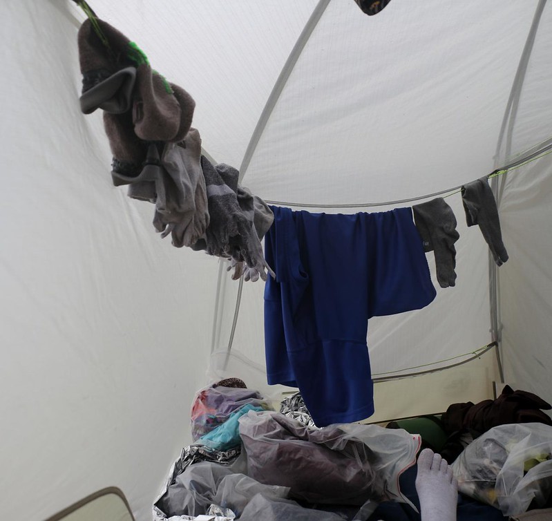We heard thunder and a few drops of rain fell, so we quickly took down the laundry and hung it inside our tent to dry