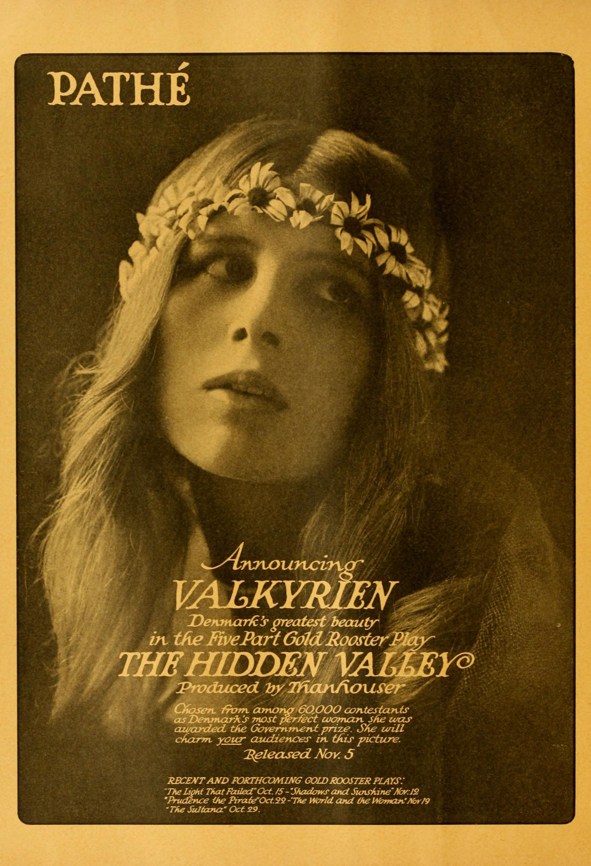 Valda Valkyrien [Adele Frede, Adele Freed] in the American silent adventure fantasy The Hidden Valley (1916) directed by Ernest Warde.
