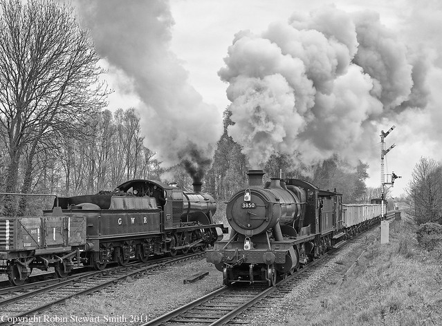 GWR 2-8-0 8F 28xx Class Nos 3850 and 2807 pass on the approach to Quorn and Woodhouse Station on the Great Central Railway on 14th April 2011 (Copyright Photo RobinStewart-Smith - All Rights Reserved)