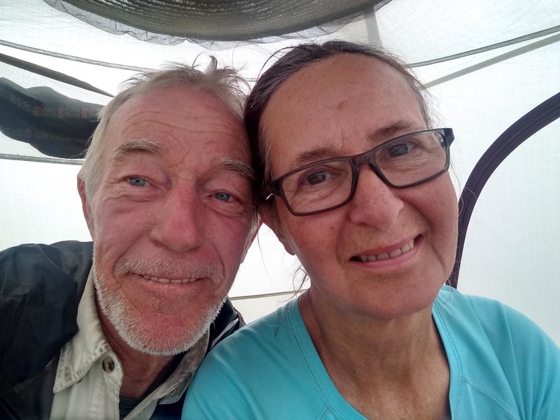 Double-selfie of Vicki and I inside our tent at our campsite near Lower Golden Trout Lake