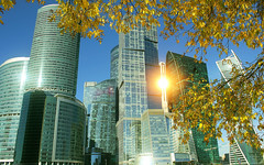 Golden Autumn in Moscow,  International Business Center "Moscow-City", towers from left: "Naberezhnaya", "Neva towers", "Federation", "City of Capitals", "Mercury-City", "Imperia", "Evolution". From Taras Shevchenko Embankment, Dorogomilovo, Russia.