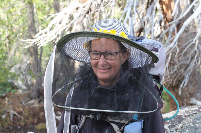 Vicki decided to fully deploy her amazing hat, letting down the mosquito netting, on the Golden Trout Lake Trail