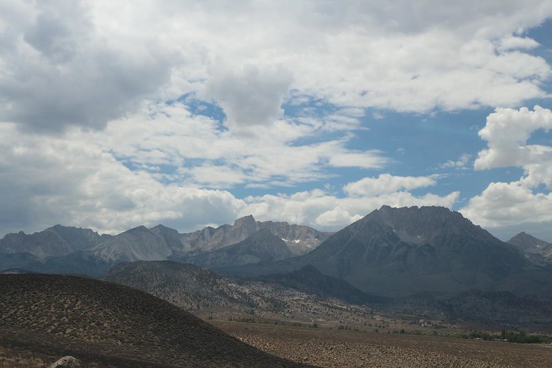 Looking back west from Highway 168, with Mount Humphreys, left of center, and Mount Tom, right