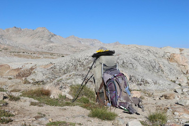 Our two backpacks romantically posing for a double-selfie on the summit of Piute Pass