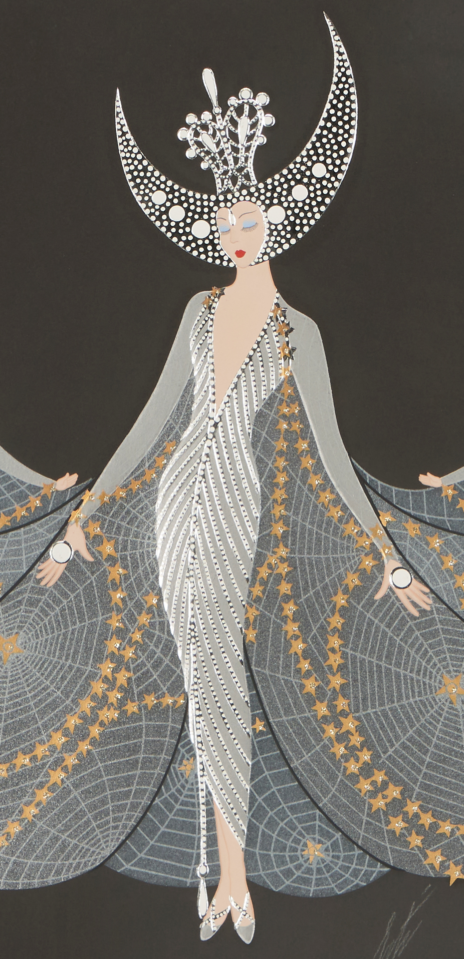 Erté (Romain De Tirtoff, Russian-French, 1892-1990) :: Color serigraph with silver and gold foil embossing titled "Queen of the Night", numbered "PP 1/1", 1985. (DETATIL)