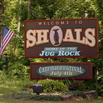 Welcome to Shoals, home of the Jug Rock. This is the Welcome to Shoals, Indiana sign along highways US50/150 for eastbound traffic.  The sign highlights the town&#039;s most famous attraction, Jug Rock, the only free-standing table rock formation east of the Mississippi River.