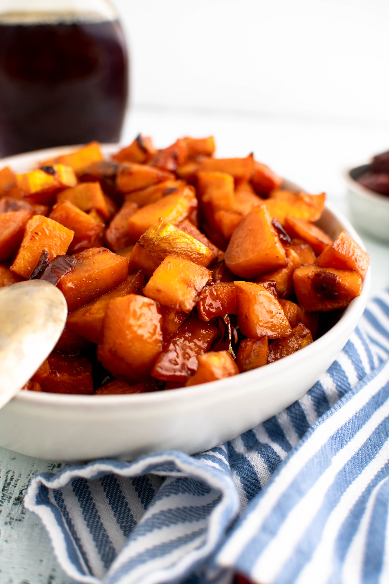 close up of roasted maple chipotle sweet potatoes