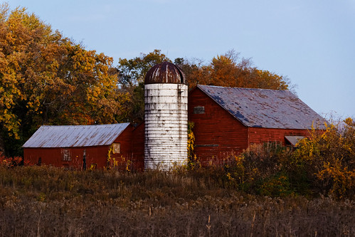 Barn & Silo by fotofish64, Taken shortly before sunset. Glenville, New York.barn red redbarn oldbarn dutchbarn silo roof golden