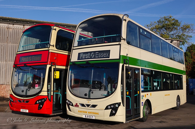 For 1 day only - both with EN fleet plates - First Hadleigh Volvo B9TL Westcliff livery HH 37985, BJ11 XGY and EN livery HH 37986, BJ11 ECY