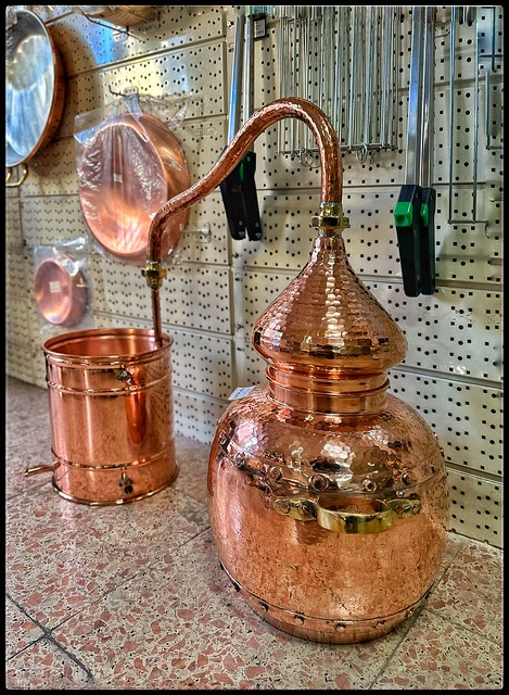 Hand-Crafted-Copper-Distillation-Stills, sold at a Hardware Store in Lisbon Portugal