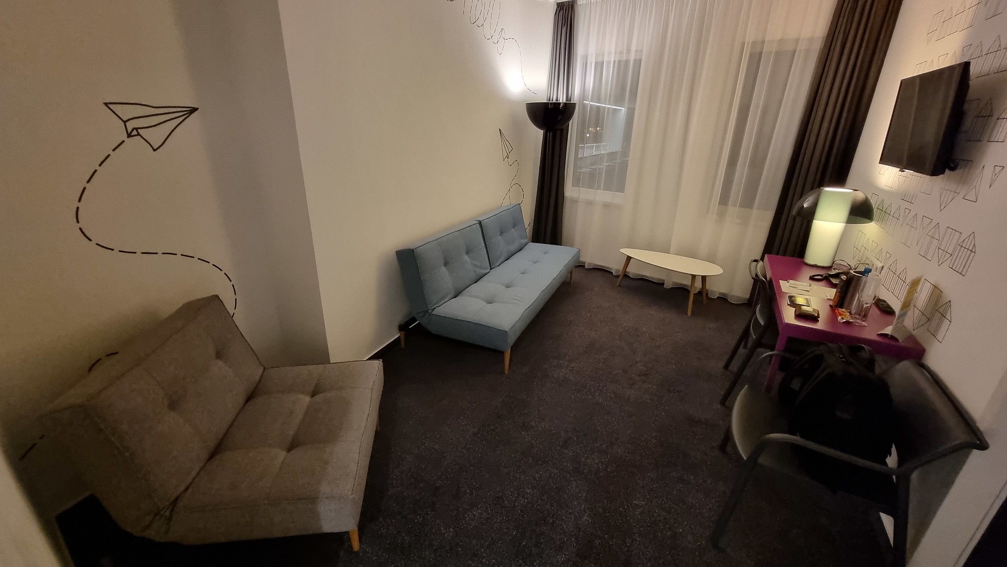The loungey bit in my one bed suite at the Ibis Styles Hotel at Budapest Airport