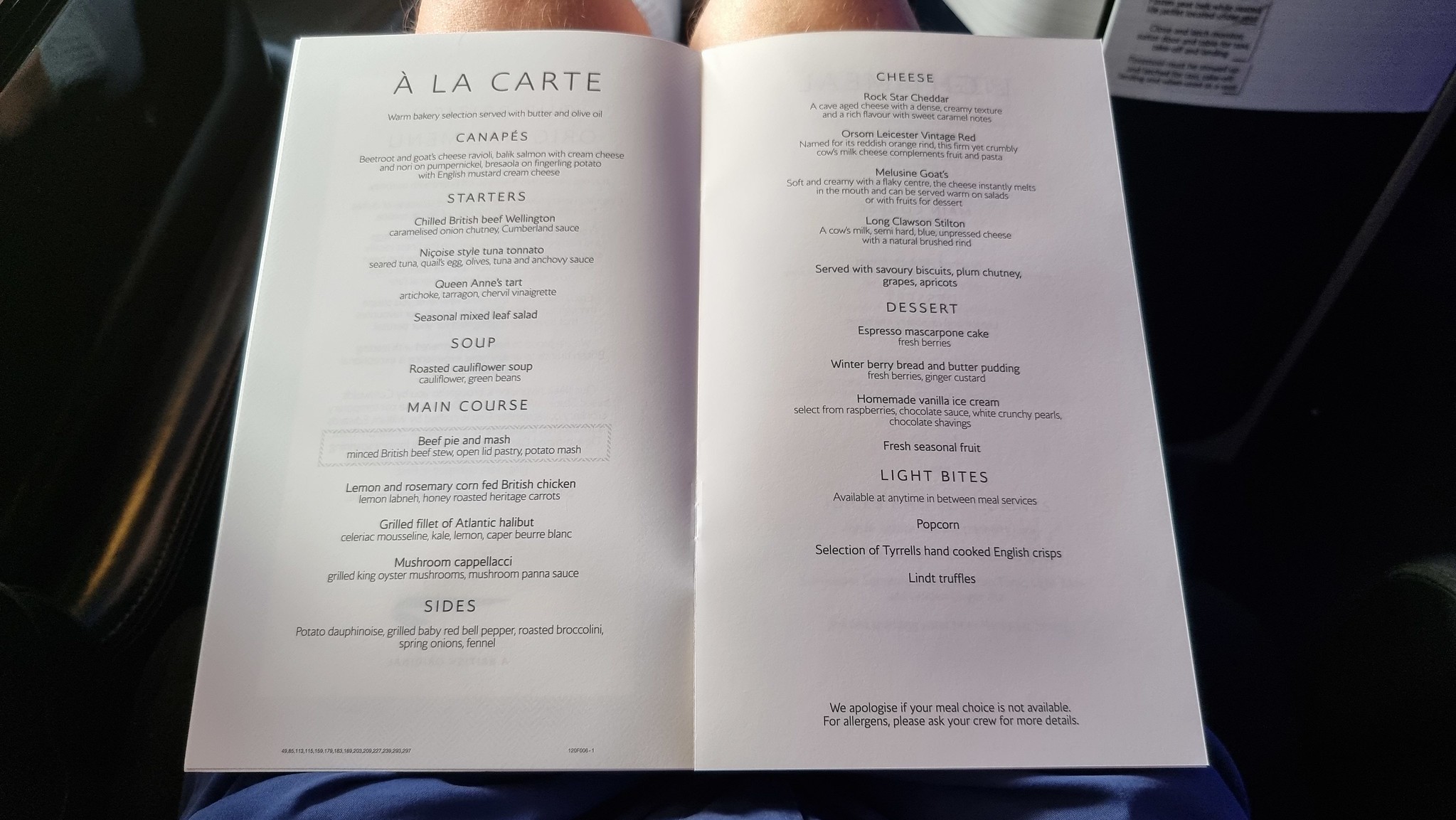 The amazing menu on board the BA flight to New York JFK