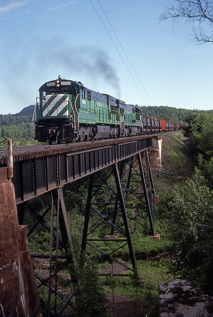 19920615 Lake Superior & Ishpeming Railroad No. 3002 (U30C) on Point of a Train on the Morgan Creek Trestle