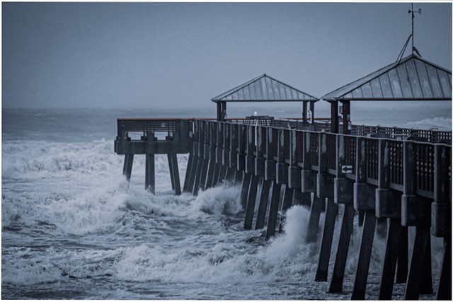 Hurricane Nicole raging swells crashing on Juno Beach Pier