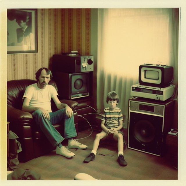 Father and son in their living room, in 1980. A polaroid photo