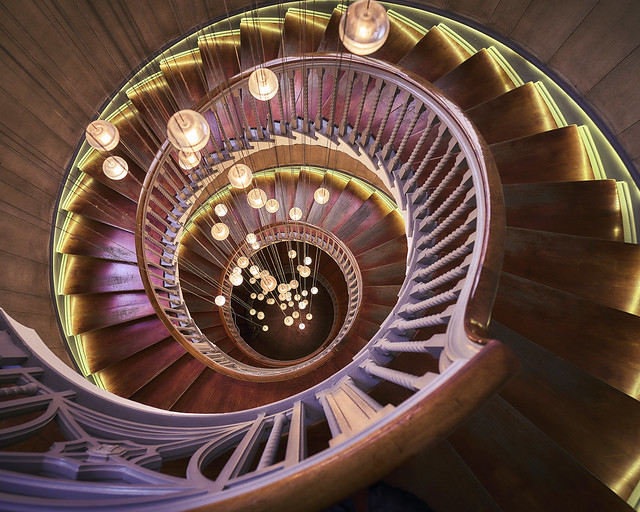 wooden staircase; Heals department store, London