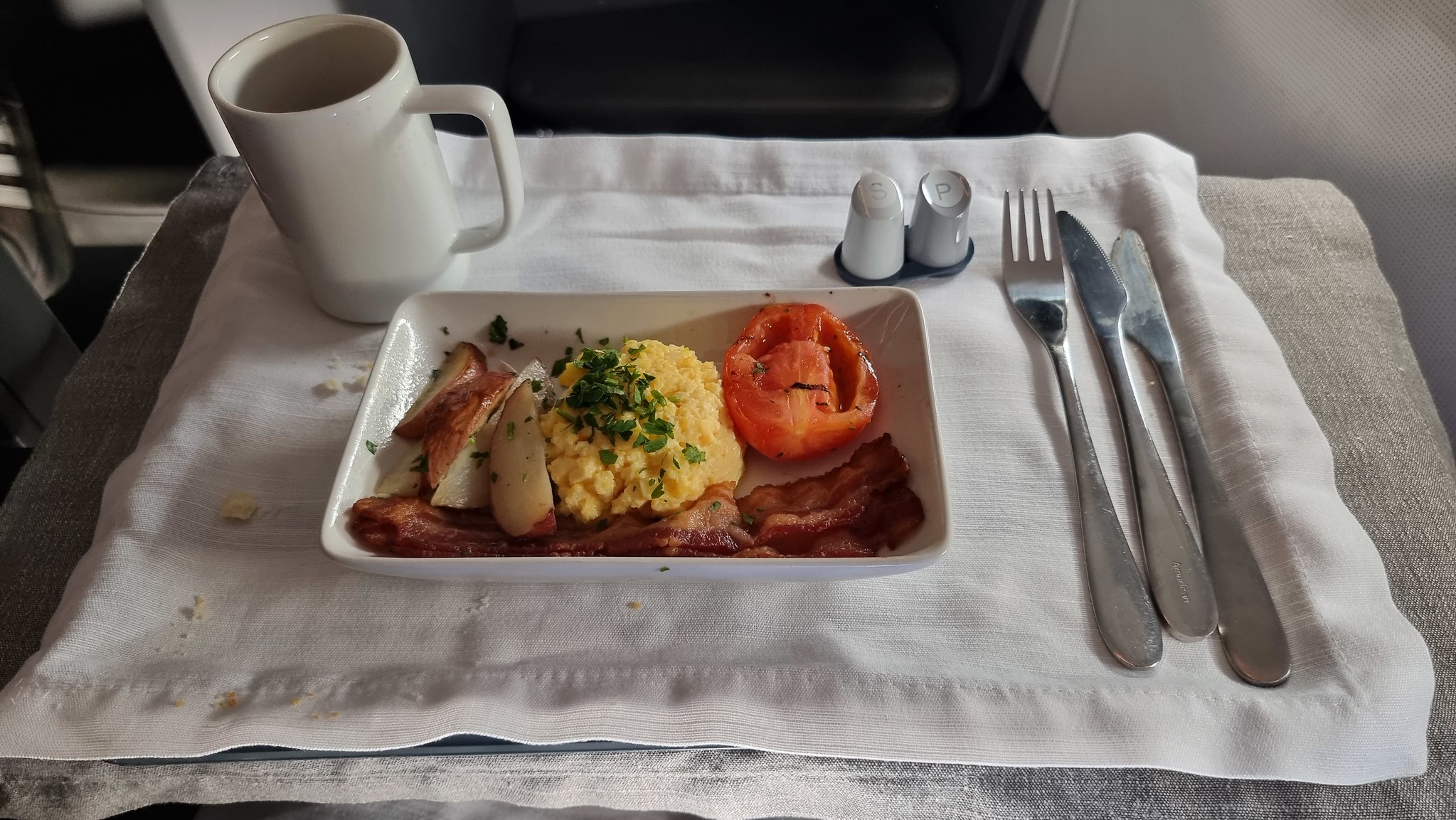 Hot All American Breakfast served on board the AA flight to New York JFK