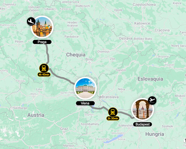 Mapa del itinerario de viaje por Praga, Viena y Budapest