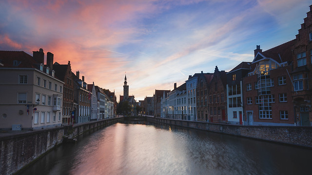Bruges canal view of sunset
