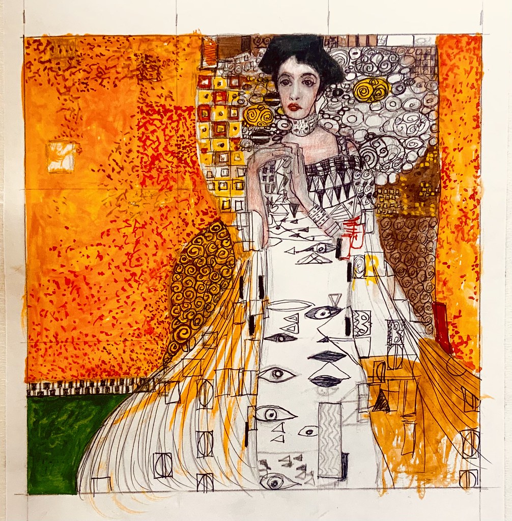 Continuation stage 3. study of a painting by Gustav Klimt . Graphite,gouache,coloured pencil,and ink by jmsw on thick card.  To be continued.