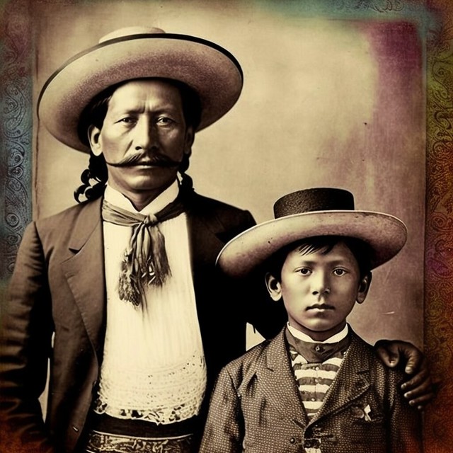 Polaroid portrait of Mexican father and son, circa 1800