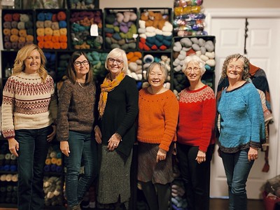We are not always wearing our hand knits but this past Tuesday at our Knit Afternoon, 6 of us were!