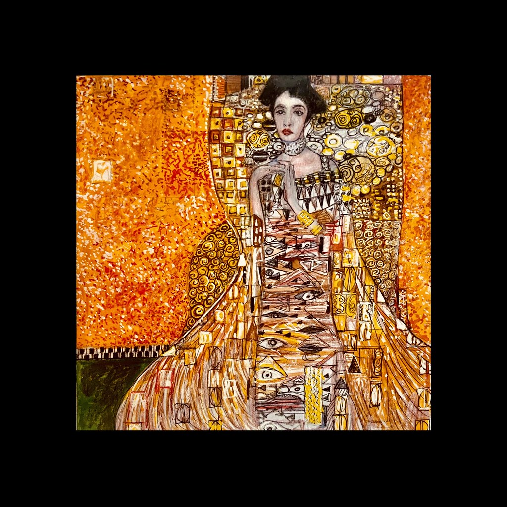 My study version of a painting by Gustav Klimt “ 1862-1918.  The Lady in Gold “ . Graphite and coloured pencil drawing with ink and Gouache,by jmsw on thick card.  Portrait of Adele Bloch-Bauer.