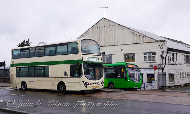 New EssexBus 2021 greens with Eastern National 1968 X10 coach green. First Essex (Hadleigh) Volvo B9TL HH 37986, BJ11 ECY with Wright StreetLite 63064, SK63 KKE at Hadleigh Depot