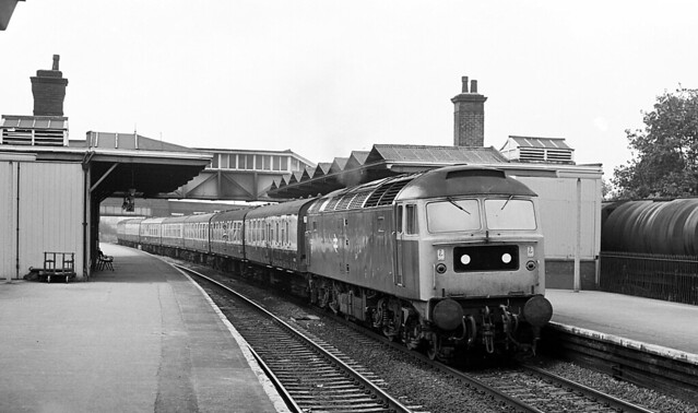 Class 47 47147   run's through Rotherham station with a Cardiff to Newcastle service. 01/09/1977.