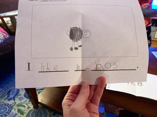 I submitted this to @awkwardfamilyphotos this morning, because it’s too good not to! This is one of Goo’s recent school papers. He said it reads “I like my horse”.