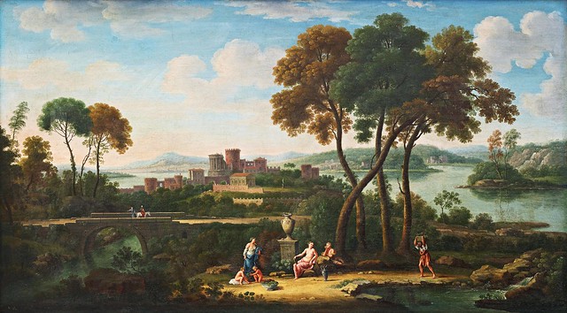 Hendrik Frans van Lint (1684-1763) - Figures in an ideal river landscape by a bridge and buildings beyond