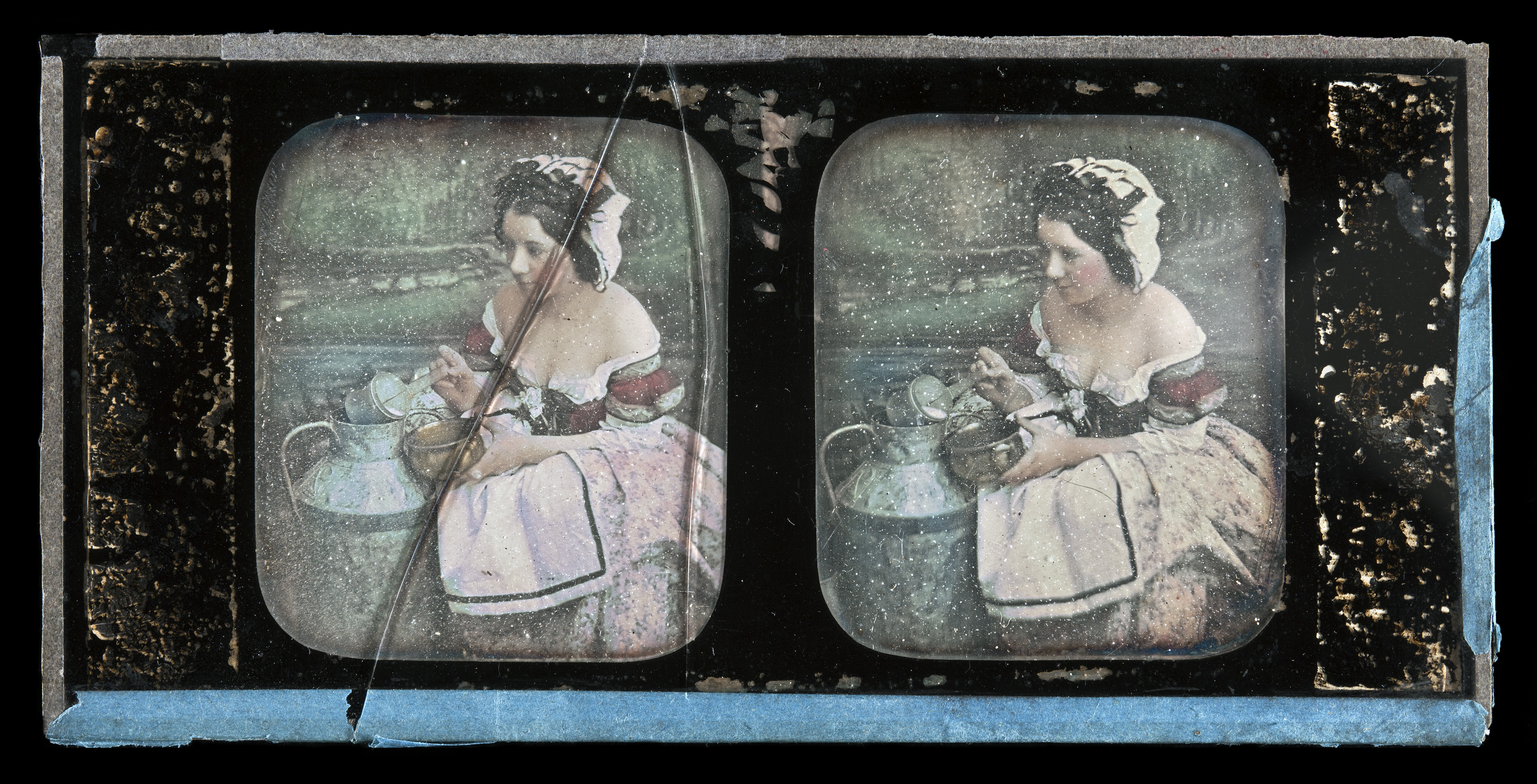Finnish framed stereo image, daguerreotype. The girl is pouring milk into a bowl. 1850s | src Helsinki Photos
