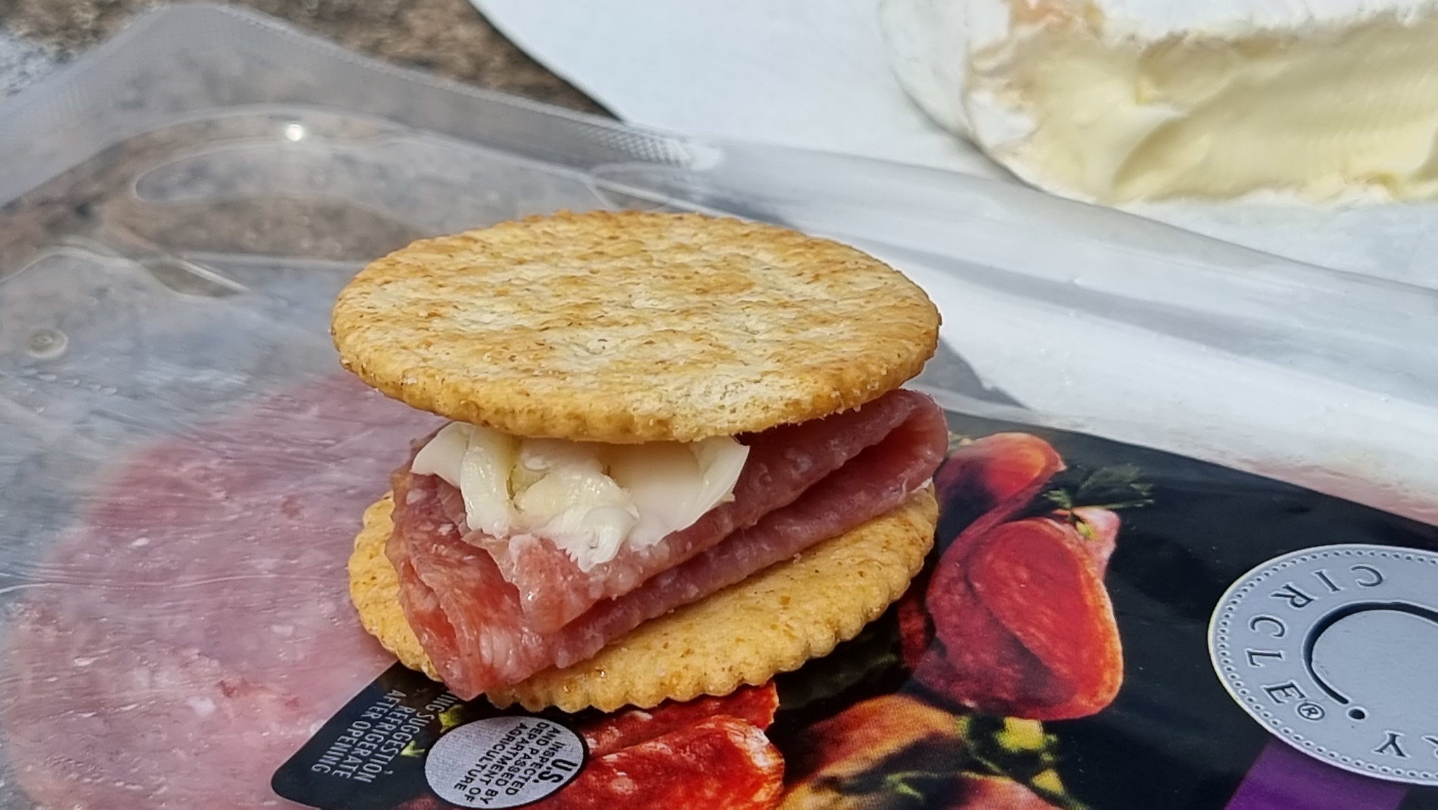 Salami, cheese and crackers for lunch