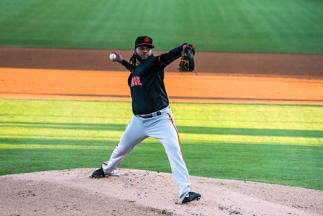 San Francisco Giants pitcher Johnny Cueto on a re-hab start for the San Jose Giants against the Visalia Rawhide