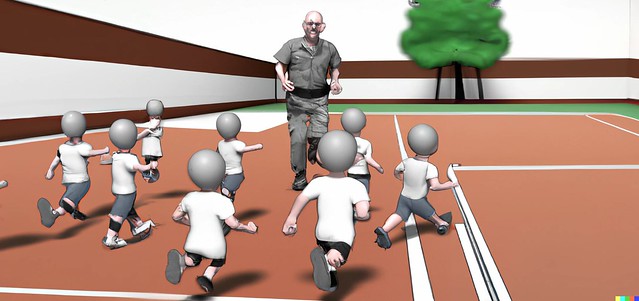 DALL·E 2022-11-21 01.43.16 - A drill sargeant running alondside several children for phys ed in a basketball court in render form