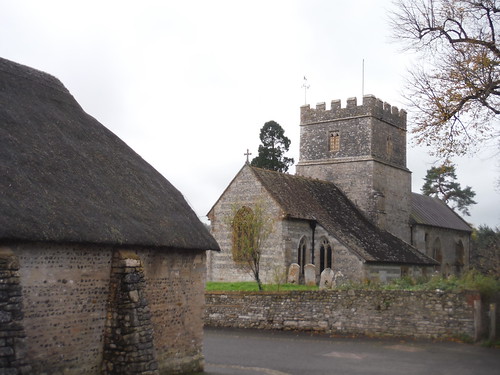 St. Mary’s, Maiden Newton, with thatched barn in foreground SWC Walk 402 - Maiden Newton Circular or to Dorchester (via Cerne Abbas)
