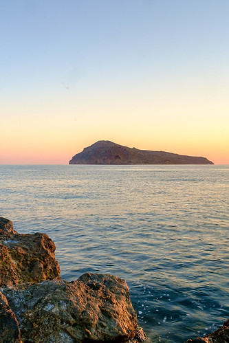 Agioi Theodorio island just of the coast of Agia Marina beach in Chania, Crete, Greece