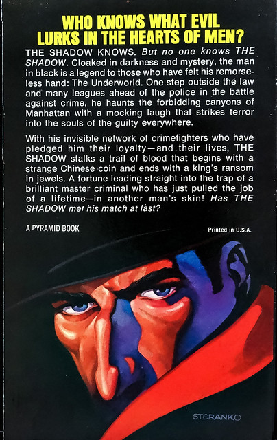 Back cover of Pyramid N-3597 (October, 1974), “The Shadow” by Maxwell Grant.  Art by Steranko.