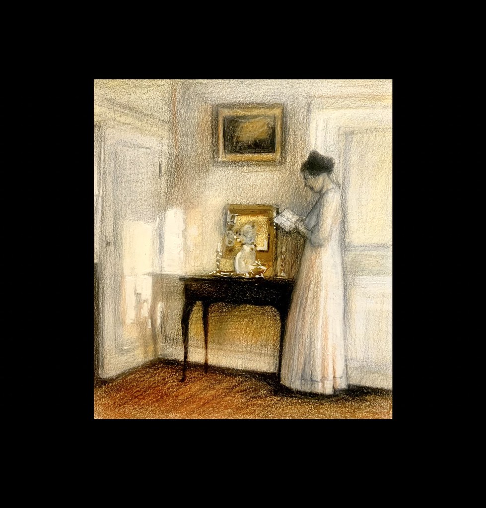 My study version of a painting by Carl Vilhelm Holsoe, 1863-1935. Danish Artist. Coloured pencil drawing by jmsw on card, last stage.