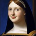 DALL·E 2022-11-23 19.14.33 - a realistic oil painting of a young queen with brown hair, brown eyes, a long nose, with azure blue background by holbein