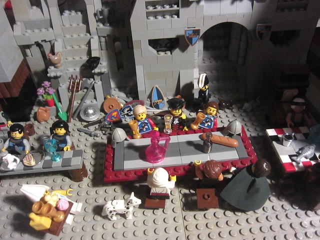Classic Castle: the two Musketeers meet the Tyrol Prince Albert at a sleazy public house inn and drinks and plans for the future (medieval AFOL MOC pub scene vignette with minifigures) LEGO Hobby Photography