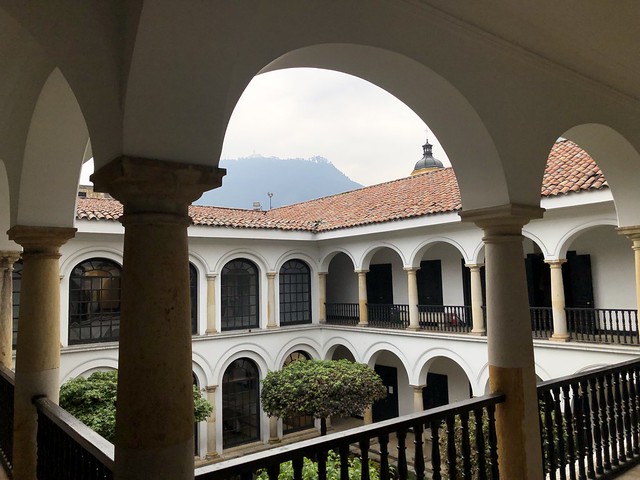 Courtyard of Museo Botero, view toward Monserrate, Candelaria, Bogotá, Colombia