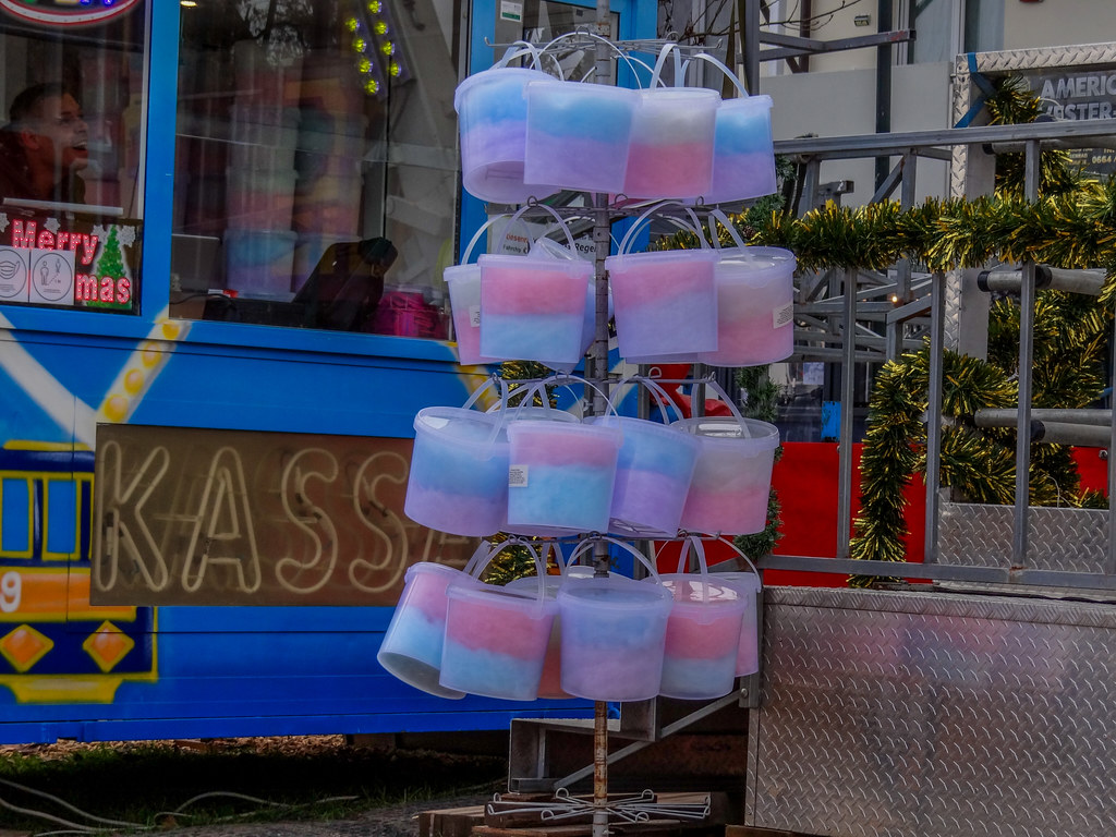 The readied cotton candies inside the buckets in a Christkindlmarkt.