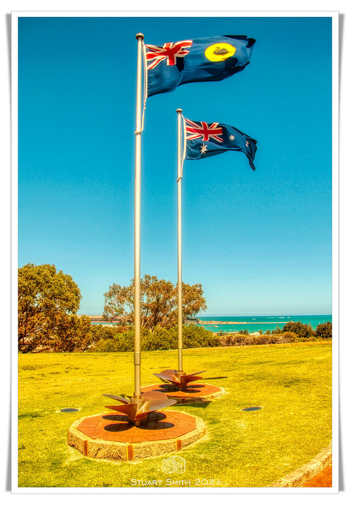 Flags, HMAS Sydney Memorial, Mount Scott, Geraldton, Western Australia