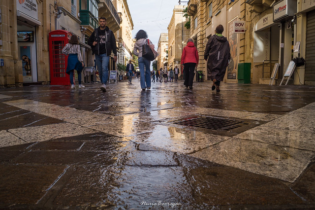 Rain in Republik Street, Valletta.